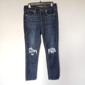 American Eagle Tom Girl Busted Ripped Knee Jeans Button Fly Distressed Sz 2